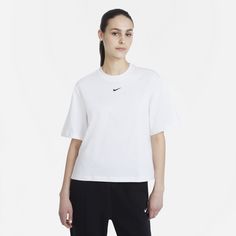 Women's Nike Sportswear Essentials Boxy T-Shirt Style # DD1237-100 Color: White/Black Smart Casual Wear, Women Essentials, Sportswear Women, Nike Sportswear, Nike Tops, Shirt Online, Outfit Sets, Black Fashion, Nike Women