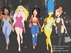 the simpsons characters are walking down the street in their underwears and bodysuits