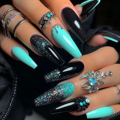 Fall Nails Turquoise, Nail Ideas Acrylic Matte, Teal Halloween Nails, Tiffany Nails Design, Black And Teal Nail Designs, Black And Blue Nails Acrylic, Black And Turquoise Nails, Teal Nails Turquoise, Nola Nails