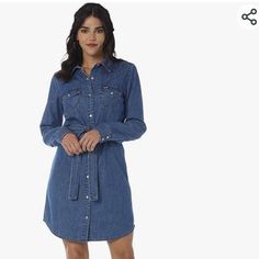 Denim Dress Snap Front Snap Cuffs Matching Belt 2 Pockets Above The Knee In Length Fits A Little Smaller In My Opinion Wrangler Dress, Dress Snap, In My Opinion, Above The Knee, Denim Dress, The Knee, Colorful Dresses, Color Blue, Long Sleeve Dress