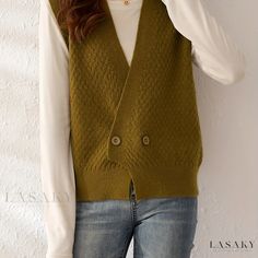 Lasaky - Classic Button-Front Vest with V-Neck Design, Timeless Sleeveless Style - Womens Fashion Custom Made Clothing, Legging Outfits, Style Japonais, Cardigan Vest, Loose Sweater, Chunky Knits Sweater, Long Sleeve Bodycon, Sleeveless Vest, Knit Vest