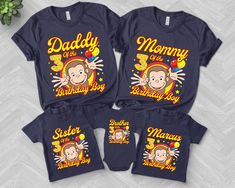 three matching shirts with the words daddy, mommy and baby monkey on them in gold lettering