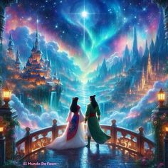 two people standing on a bridge looking at the sky and stars in the sky above them