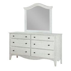 a white dresser with a mirror on top and drawers in front of it, against a white background