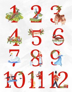 the numbers are decorated with birds and wreaths on white paper, as well as red lettering