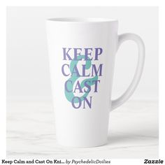 a white coffee mug with the words keep calm and cast on printed on it's side