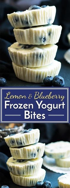 lemon blueberry frozen yogurt bites are stacked on top of each other with the words, lemon and blueberry frozen yogurt bites