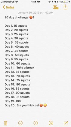 an iphone screen showing the daily workout schedule for each day, including 30 squats