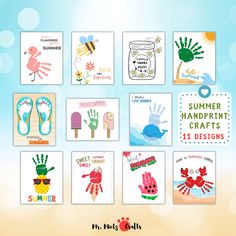 a bunch of cards that have different designs on them with the words summer handprint crafts