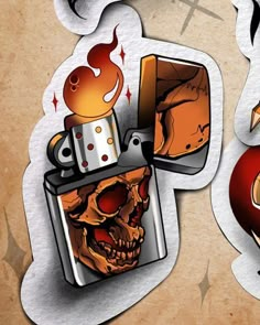 two stickers that have different types of tattoos on them, one with a skull and the other with a lighter