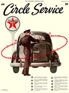 an advertisement for the texco circle service, featuring a man leaning on a car