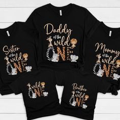 These matching family wild one birthday shirts are great for a safari themed birthday party for your wild ONE year old. Grab one for everyone in the family and have a wildly fun birthday party for your little guy or gal. When ordering Select the size shirt that you'd like and the family member. Add it to your cart. Repeat for each shirt you order. **THIS IS A BLACK SHIRT AND/OR TANK TOP. IF YOU WOULD LIKE ANOTHER COLOR, PLEASE MESSAGE US** Content + Care -Machine wash cold and tumble dry low Size + Fit -True To Size Fit (American Uni-Sex Sizes for T-Shirts) -Available in baby 3month-18 months, toddler 2t-5t, youth small-XL, and adult sizes small, medium, large, x-large, 2x-large, and 3x-large Processing + Shipping Your order will ship out in 2-5 days. Please allow 1-2 days for processing. Wild One Birthday Shirt For Family, Wild One Family Birthday Shirts, Wild One Tshirts, Wild One Shirts Family, One Year Old Birthday Party Theme, Wild One Birthday Shirts, Wild One Birthday Shirt, Safari Themed Birthday Party, Jungle Book Birthday