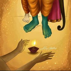 an illustration of hands holding a lit candle in front of a person's feet