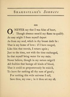 shakespeare's sonnets - page from the book, never say that i was false of heart