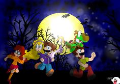 three cartoon characters running in front of a full moon with bats and trees behind them