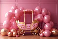 a pink and gold carriage with balloons surrounding it