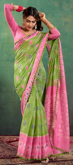 Green, Pink and Majenta color Saree in Cotton fabric with Printed work Green Floral Print Saree For Summer, Green Festive Saree For Spring, Summer Green Floral Print Saree, Green Cotton Saree With Printed Border, Traditional Green Saree For Spring, Spring Green Saree With Floral Print, Spring Green Floral Print Saree, Green Cotton Dupatta With Floral Print, Pink Floral Print Saree For Spring