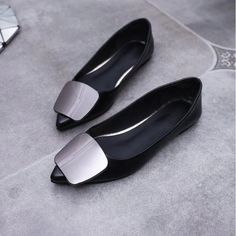 • Flats Type: Ballet Flats• Season: Spring/Autumn• Upper Material: PU• Toe Shape: Pointed Toe• Outsole Material: Rubber• Closure Type: Slip-On• Fit: Fits true to size, take your normal size• Insole Material: Latex• Fashion Element: Metal decoration• Lining Material: Neoprene• Item # E1100• Width Options: B - Medium / Metal Shoes, Leather Shoes Women Flats, Leather Loafers Women, Womens Black Flats, Flats Shoes Comfortable, Flat Dress Shoes, Loafer Shoes Women, Patent Leather Loafers, Patent Shoes