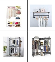 four different types of closets with clothes and handbags hanging on the racks,