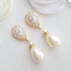 Gold Pearl Drop Earrings- Poetry Designs Earrings For Mother Of The Bride, Ear Tops, Pearl Drop Earrings Bridal, Teardrop Pearl Earrings, Rose Gold Bridal Earrings, Rose Gold Wedding Jewelry, Large Pearl Earrings, Pearl Drop Earrings Gold, Brass Components