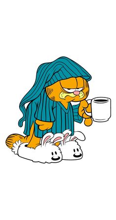 garfield the cat drinking from a cup while sitting next to two rabbits on the ground