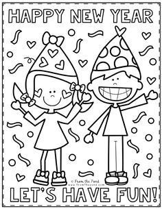 a happy new year coloring page with two kids in party hats and confetti