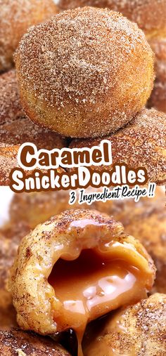 some sugar covered doughnuts are stacked on top of each other and the words caramel sticker doodles above them