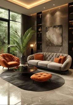 an elegant living room with orange and gray furniture