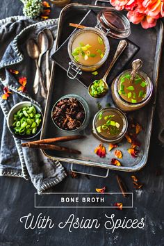 broth in glass cups on a tray. Crock Pot Asian, Pho Broth, Asian Spices, Asian Beef, Bone Broth Recipe, Beef Bone Broth, Beef Bones, Broth Recipes, Homemade Beef