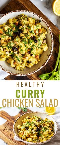 healthy curry chicken salad in a bowl with lemons and cilantro on the side