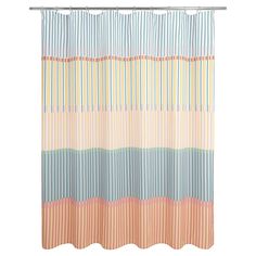 a shower curtain with multicolored stripes on the bottom and bottom, in front of a white background