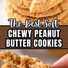 the best soft chewy peanut butter cookies are stacked on top of each other and ready to be eaten