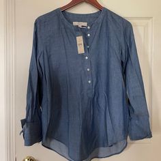 Never Worn - Nwt Super Soft And Lightweight 55% Cotton/45% Lyoocell Full Length Sleeves - Bow Ties At Wrist Smoke-Free Home Blue Tencel Button-up Top, Denim Blue Relaxed Fit Top For Work, Indigo Tops For Fall Workwear, Relaxed Fit Denim Blue Tops For Work, Dark Wash Relaxed Fit Cotton Blouse, Indigo Tops For Workwear In Fall, Denim Blue Button-up Tencel Tops, Denim Blue Tencel Button-up Tops, Casual Light Wash Tencel Tops