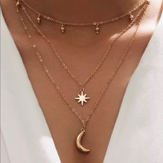 Moon Charm Layered Necklace Material Alloy Zinc Length 15.7 19.7 Star Charm Necklace, Star And Moon, Moon Pendant Necklace, Casual Jewelry, Jewelry Accessories Ideas, Classy Jewelry, Fancy Jewellery, Fancy Jewelry, Cheap Jewelry