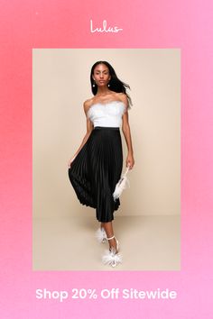 Turn any day into a chic day with the Lulus Fashionable Babe Black Satin Pleated Midi Skirt! Sleek and satin-y woven fabric falls from a fitted high waist into a twirly, pleated midi skirt. Pair with a well-loved graphic tee and slides for a casual-chic vibe, or a button-up blouse for a more polished look! Hidden side seam zipper/clasp. Fit: This garment fits true to size. Length: Mid-calf length. Size medium measures 33.5" from waist to hem. Waist: Fitted - very fitted at natural waist. Hip: Not Fitted - fuller skirt allows room for hips. Fabric: Fabric has no stretch. Unlined. 100% Polyester. Hand Wash Cold. Do Not Bleach. Line Dry. Iron Low Heat. Imported. Lulus | Fashionable Babe Black Satin Pleated Midi Skirt | 100% Polyester. Nye Skirts, Lulu Fashion, Beautiful Skirts, Pleated Midi Skirt, Better Love, Black Crop, Full Skirt, Black Crop Tops, Polished Look