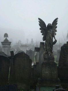 an angel statue stands in the middle of a cemetery on a foggy, dreary day