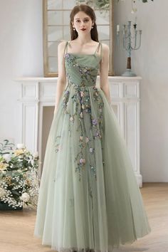 Green Tulle A Line Floor Length Beaded Floral Long Prom Dresses, Long Green Formal Evening Dresses with Appliques WT1504 Green Long Prom Dress, Prom Dress Green, Green Spaghetti, Green Tulle, Party Dress Sale, Beaded Bodice, Green Prom Dress, Message Box, Evening Party Dress