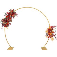 an arch decorated with flowers and leaves on top of a white background in the shape of a circle