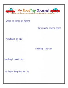 a red car is driving down the road in front of a white sheet that says, my read trip journal