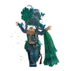 a woman dressed in blue and green with feathers on her head