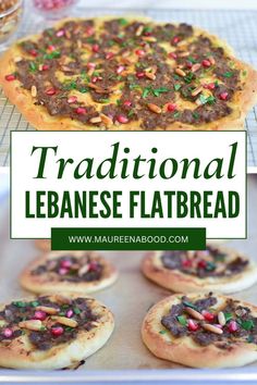 traditional japanese flatbread pizzas on a baking sheet with text overlay that reads traditional chinese flatbread