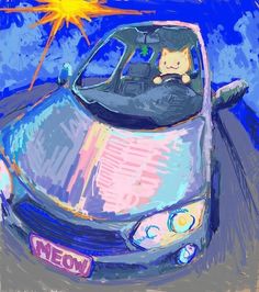 a drawing of a car with a cat sitting on the hood and sun shining in the background