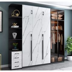 a large white and black closet with marbled doors in a room next to a potted plant