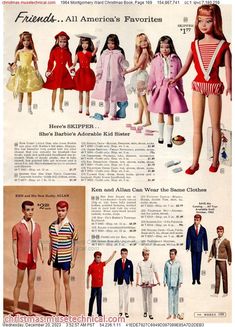 an advertisement for barbie dolls from the 1950's showing different styles of clothes and accessories