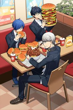 three people sitting at a table eating hamburgers