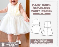 This baby girl sleeveless party dress sewing pattern is perfect for beginners and all sewing levels. Pretty lace top with layered tulle skirt is cute little darling party dress for your baby girl! The downloadable file package includes illustrated step by step sewing instructions, detailed tutorial, and helpful tips for you to easily complete the dress. The pattern includes 5 sizes for you to choose from: 6M to 3Y The digital download PDF sewing pattern includes a layer option to only select your size or multiple sizes all at once. Each pattern is created so you can print at home or through a printshop. The purchase comes with 4 PDF files: A4 US Letter A0 Instruction Book includes fabric recommendations, pattern assembling, step by step instructions, sewing tips, and much more. Seam allowa Girl Dress Sewing Pattern, Toddler Dress Patterns, Dress Pdf Pattern, Sleeveless Party Dress, Baby Dress Pattern, Girls Dress Sewing Patterns, Layered Tulle Skirt, Sewing Instructions, Sewing Patterns Girls