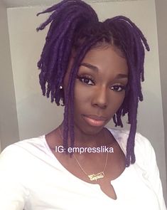 Pretty Dreads Styles, Two Ponytails With Locs, Lavender Locs Black Women, Black Women With Purple Hair, Purple Locs Black Women Natural Hair, Lavender Locs, Ponytail Dreads, Purple Locs Black Women, Purple Locs On Dark Skin