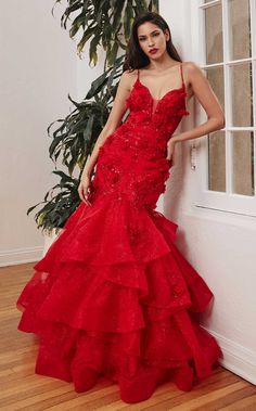 LaDivine CM329 Red Mermaid Tail Dresses, Layered Tulle Prom Dress, Red Wedding Dress Mermaid, Fallen Flowers, Ruffle Skirt Long, Flamenco Style Dress, Red Mermaid Dress, Mermaid Gown Prom, Prom Skirt