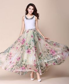 32 Colors Green Flowers Chiffon Skirt Long Maxi Sundress Beachdress Holiday Dress Women Summer Pleat Dress Beach Skirt Plus Size Dresses YM019  Detail Info:  ❤ Color: as picture More color choice, https://www.etsy.com/listing/213656440/chiffon-dress-color-card?ref=shop_home_feat_1  ❤ Material: Chiffon Waist 60-100cm, Please choose the length according to your height!   ❤ Care: machine wash cold and gentle, tumble low, line to dry; recommend laundry bag, it will help you to own a piece as new... Green A-line Chiffon Summer Dress, A-line Chiffon Dress For Vacation, Pink Bohemian Chiffon Dress For Summer, Green A-line Chiffon Dress For Summer, Bohemian Pink Chiffon Dress For Summer, Green Chiffon A-line Summer Dress, Spring Bohemian Sleeveless Chiffon Dress, Casual Chiffon Dress For Summer, Green Chiffon Beach Dress For Spring