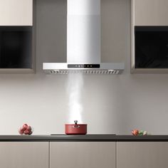 a modern kitchen with stainless steel appliances and wood cabinets, including a range hood over the stove